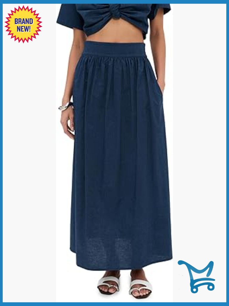 High Rise Maxi Skirt With Pockets, Lightweight Twill, Lined, Partial Elastic
